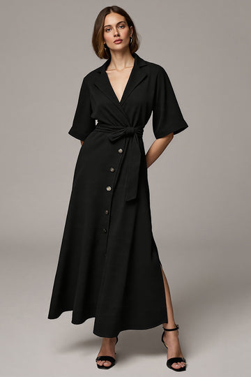 Black A Line V-Neck Work Dress with Half Sleeves